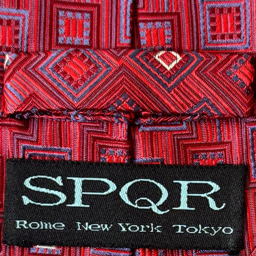 SPQR Men’s Necktie Jacquard Red and Blue 100% Silk Handmade Tie